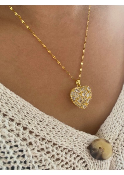 Gz Çelik Stoned Heart Kolye Gold