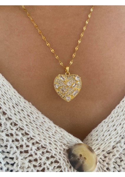 Gz Çelik Stoned Heart Kolye Gold