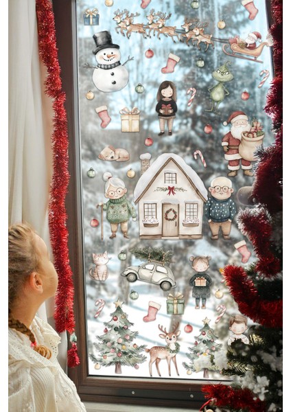 Sevimli Yılbaşı Kasabası ve Sakinleri Yeni Yıl Süsü Yeni Yıl Cam Duvar Sticker Seti