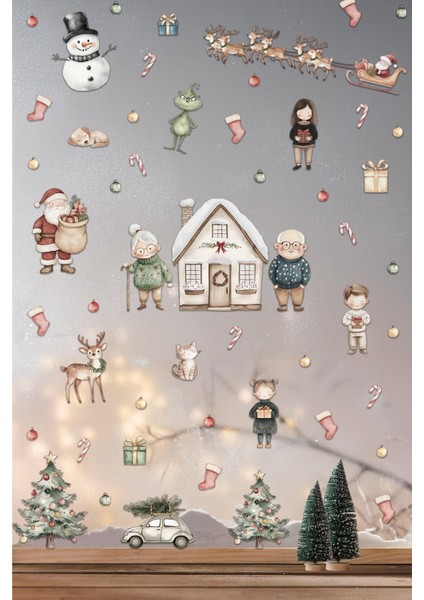 Sevimli Yılbaşı Kasabası ve Sakinleri Yeni Yıl Süsü Yeni Yıl Cam Duvar Sticker Seti modelleri