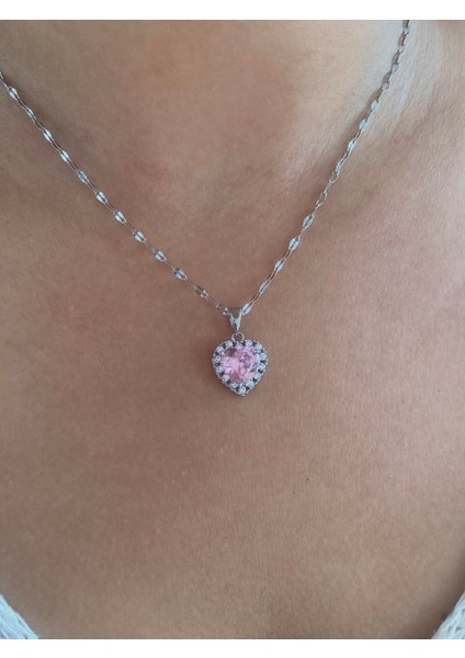 Pink Zircon Heart Kolye Silver
