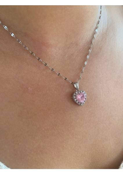 Pink Zircon Heart Kolye Silver