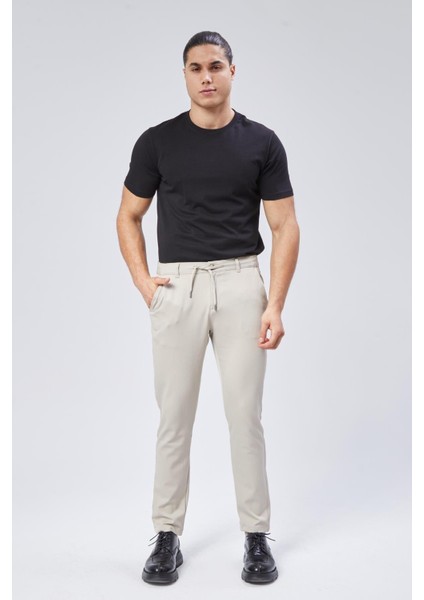 Erkek Yandan Cepli Bel Bağcıklı Fermuarlı Slim Fit Chino Bej Pantolon