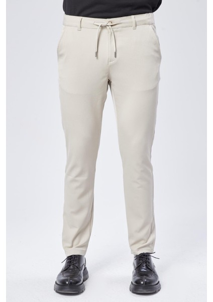 Erkek Yandan Cepli Bel Bağcıklı Fermuarlı Slim Fit Chino Bej Pantolon