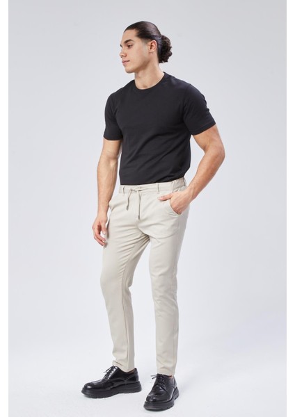 Erkek Yandan Cepli Bel Bağcıklı Fermuarlı Slim Fit Chino Bej Pantolon