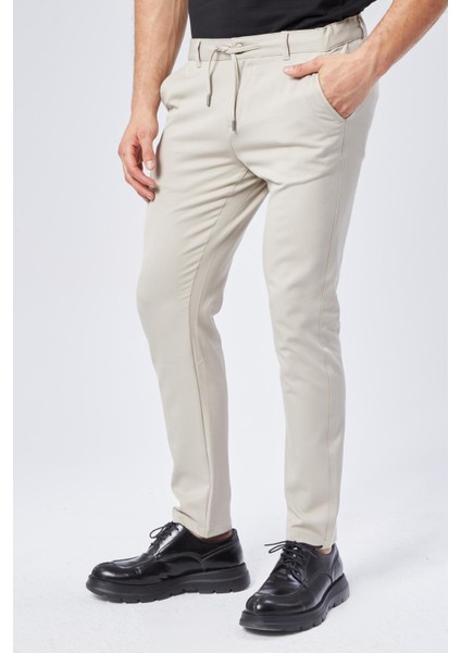 Erkek Yandan Cepli Bel Bağcıklı Fermuarlı Slim Fit Chino Bej Pantolon