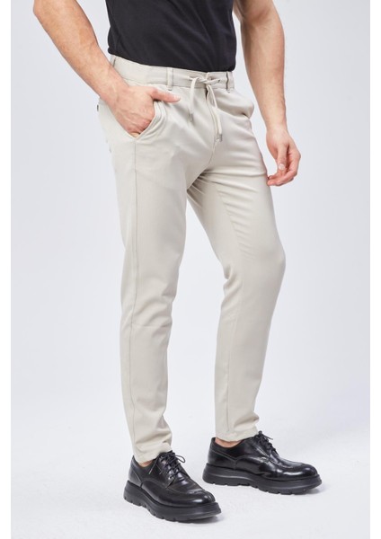 Erkek Yandan Cepli Bel Bağcıklı Fermuarlı Slim Fit Chino Bej Pantolon