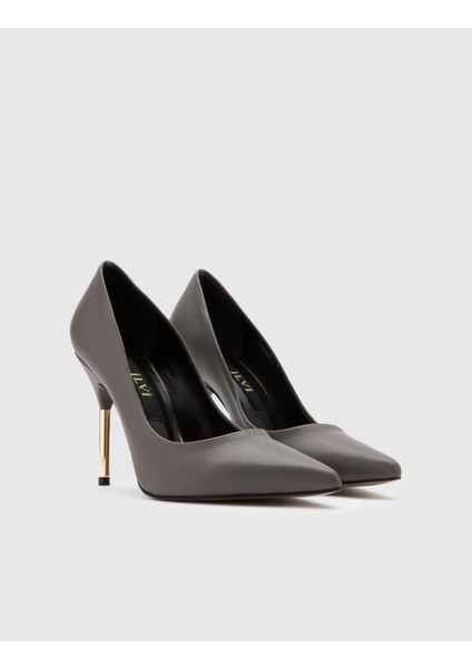 Gland Hakiki Floter Deri Kadın Gri Stiletto
