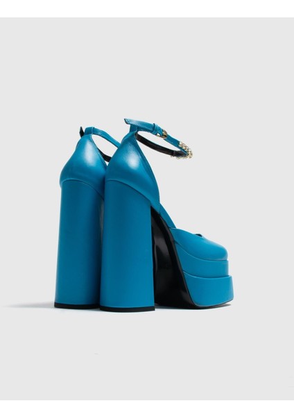 Valeri Hakiki Deri Kadın Mavi Topuklu Sandalet