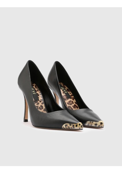 Bron Hakiki Deri Kadın Siyah Topuklu Ayakkabı