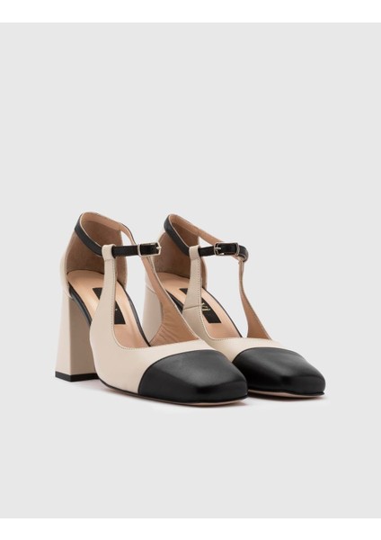 Kazue Hakiki Deri Kadın Bej Topuklu Sandalet