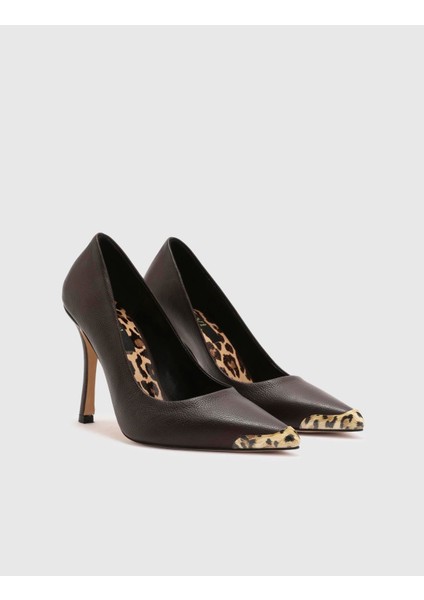 Bron Hakiki Deri Kadın Kahverengi Topuklu Ayakkabı