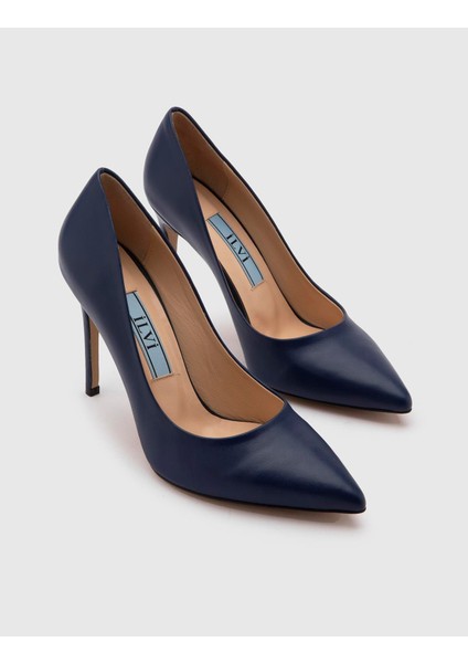 Nelli Hakiki Deri Kadın Lacivert Stiletto