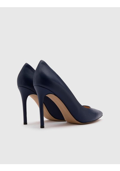 Nelli Hakiki Deri Kadın Lacivert Stiletto