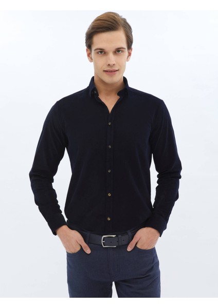 Lacivert Fitilli Regular Fit Dokuma Kadife Casual %100 Pamuk Gömlek