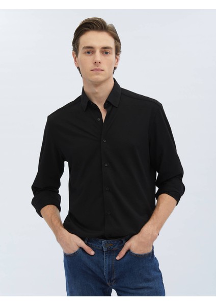 Siyah Regular Fit Casual Pamuk Karışımlı Gömlek