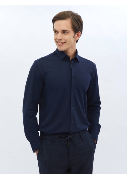Lacivert Regular Fit Casual Pamuk Karışımlı Gömlek