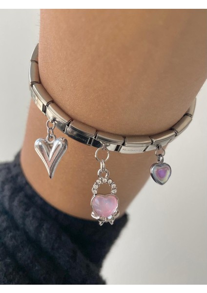 Çelik Italyan Kalp 3 Adet Charm ve Bileklik Gümüş Renkli 18 cm Ayarlanabilir,bileklik Unısex