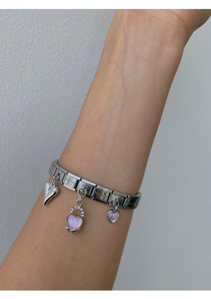 Çelik Italyan Kalp 3 Adet Charm ve Bileklik Gümüş Renkli 18 cm Ayarlanabilir,bileklik Unısex modelleri