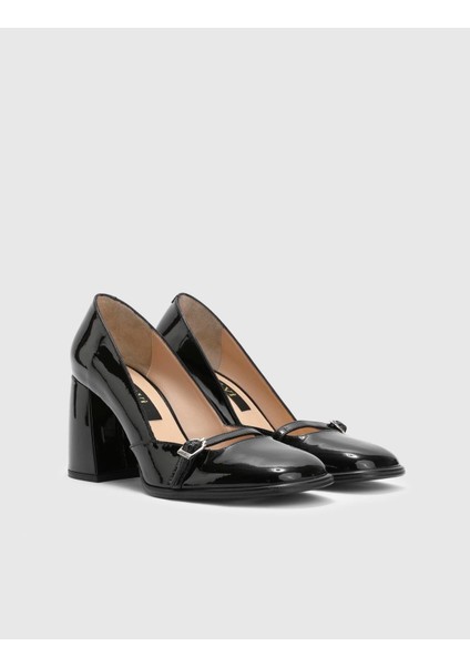 Anais Hakiki Rugan Deri Kadın Siyah Topuklu Ayakkabı