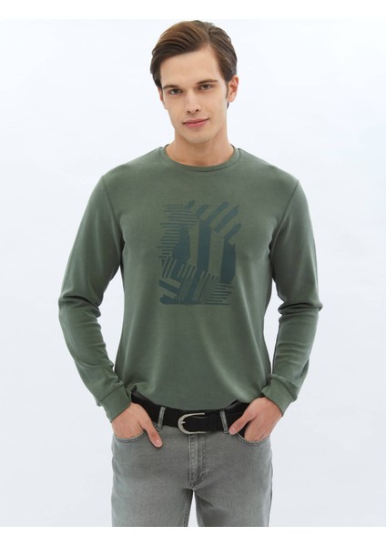 Haki Bisiklet Yaka Baskılı Sweatshırt modelleri