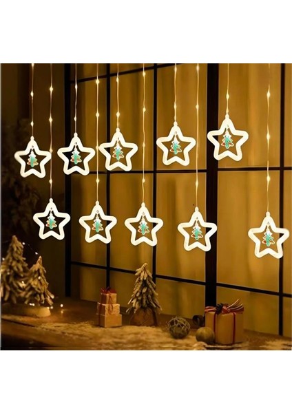 Animasyonlu Noel Baba ve Çam Yıldız Set LED Yılbaşı Perde Süsü 60-90 cm 3 Metre Noel Baba ve Çam Yıldız Yılbaşı Süsü