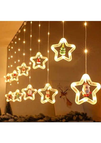 Animasyonlu Noel Baba ve Çam Yıldız Set LED Yılbaşı Perde Süsü 60-90 cm 3 Metre Noel Baba ve Çam Yıldız Yılbaşı Süsü