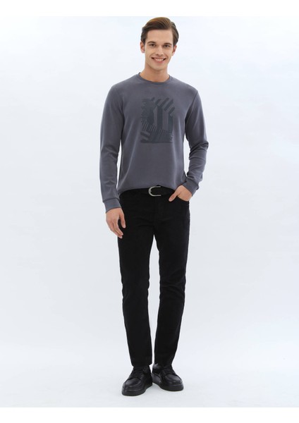 Gri Bisiklet Yaka Baskılı Sweatshırt