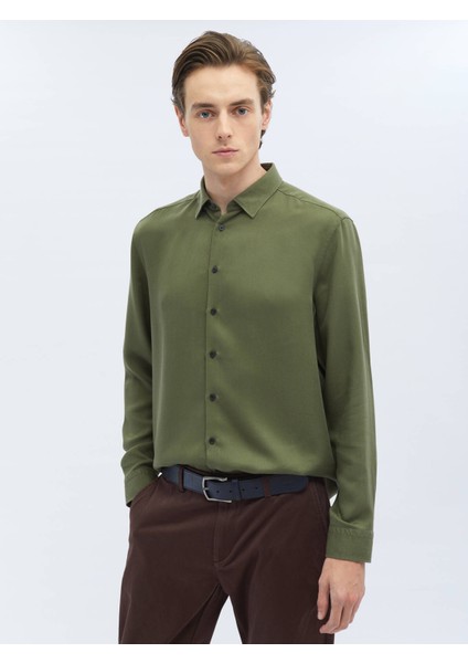 Yeşil Fitilli Dokuma Casual Gömlek
