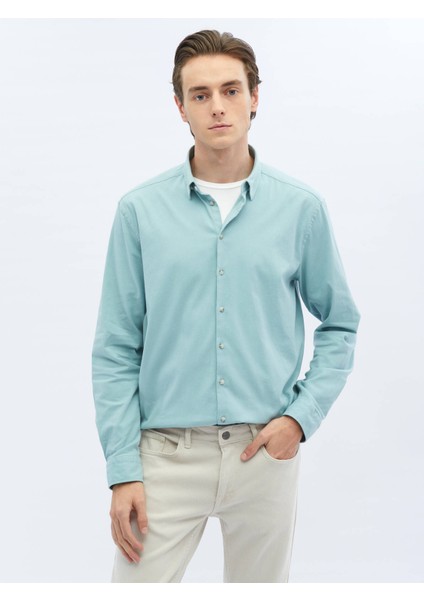 Mint Düz Regular Fit Dokuma Casual Pamuk Karışımlı Gömlek