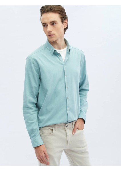 Mint Düz Regular Fit Dokuma Casual Pamuk Karışımlı Gömlek