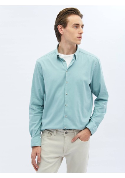 Mint Düz Regular Fit Dokuma Casual Pamuk Karışımlı Gömlek