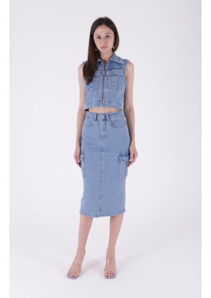 Kargo Cepli Detaylı ve Normal Belli Orta Boy Uzunlukta Kadın Kot Etek Açık Mavi denim Rıchmost