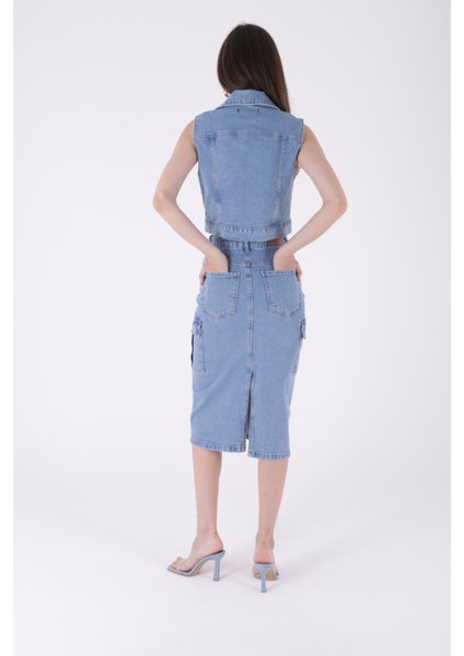 Kargo Cepli Detaylı ve Normal Belli Orta Boy Uzunlukta Kadın Kot Etek Açık Mavi denim Rıchmost