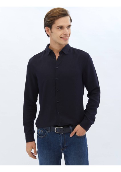 Lacivert Fitilli Dokuma Casual Gömlek