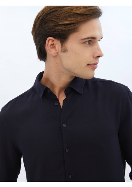 Lacivert Fitilli Dokuma Casual Gömlek modelleri