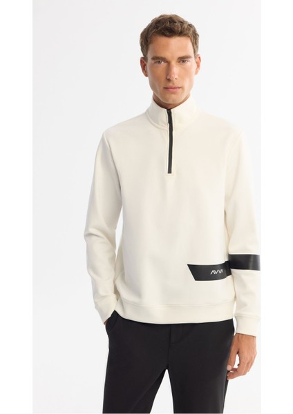 Erkek Ekru Dik Yaka Pamuklu Baskılı Elastan Sweatshirt A42Y1202