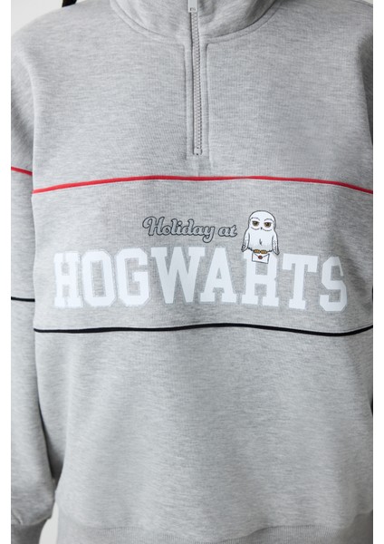 Gri Melanj Yarım Fermuarlı Harry Potter Baskılı Sweatshirt indirimleri