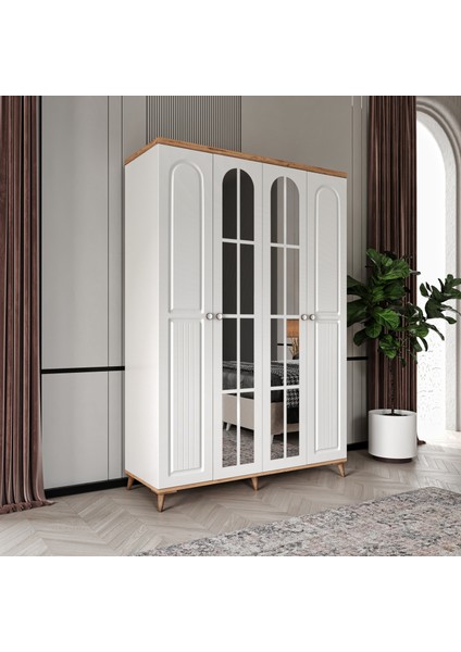 Ücretsiz Montaj - %100 MDF Bohem 4 Kapaklı Aynalı Atlantik Çam Beyaz Gardırop - MDF Dolap - Elbise Dolabı