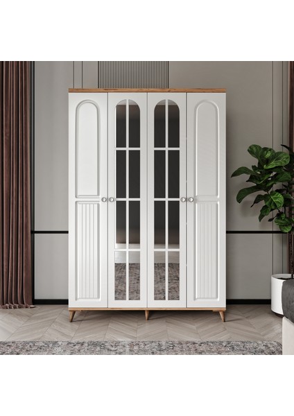 Ücretsiz Montaj - %100 MDF Bohem 4 Kapaklı Aynalı Atlantik Çam Beyaz Gardırop - MDF Dolap - Elbise Dolabı