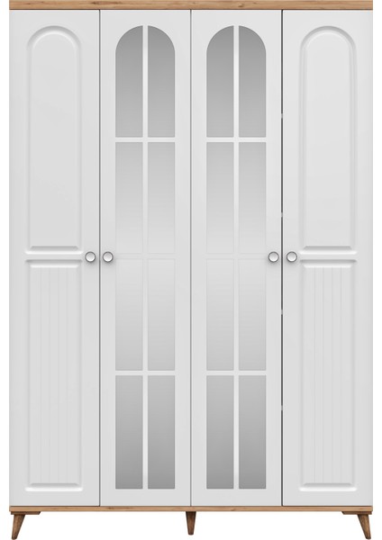 Ücretsiz Montaj - %100 MDF Bohem 4 Kapaklı Aynalı Atlantik Çam Beyaz Gardırop - MDF Dolap - Elbise Dolabı