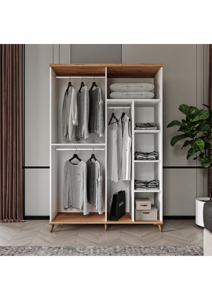 Ücretsiz Montaj - %100 MDF Bohem 4 Kapaklı Aynalı Atlantik Çam Beyaz Gardırop - MDF Dolap - Elbise Dolabı