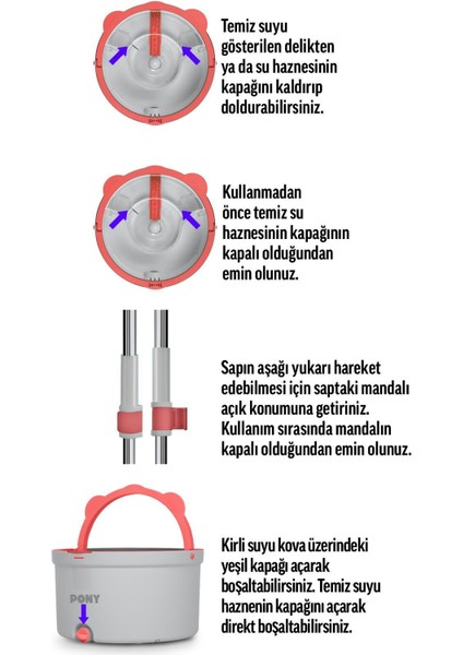 Gri Yedekli Temiz & Kirli Suyu Ayırma Özelliği Otomatik Temizlik Seti Mop Paspas