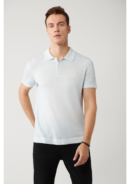 Erkek Açık Mavi 3 Düğmeli Garment Dyed Polo Yaka Triko T-Shirt A41Y5067