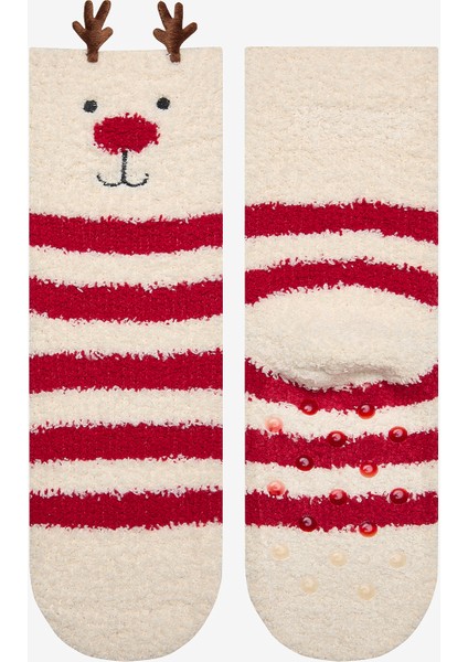 Unisex Happy Deer Ekru Soket Çorap