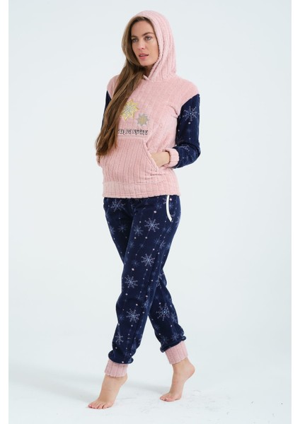 Kışlık Well Soft Kar Tanesi Desenli Kapüşonlu ve Kanguru Cepli Ikili Polar Peluş Pijama