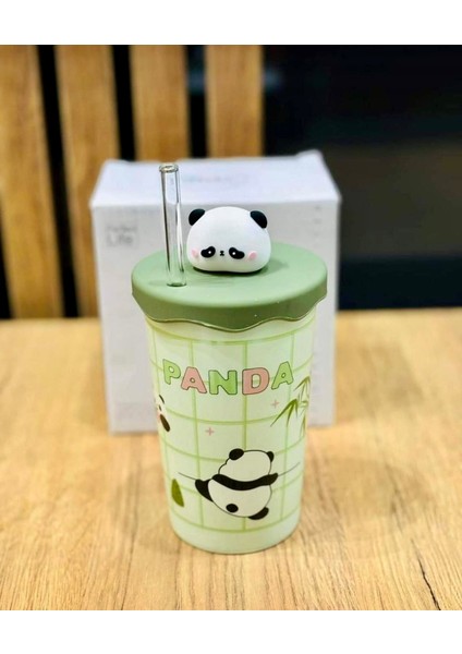 Silikon Kapaklı Panda Tasarımlı Pipetli Kupa Bardak