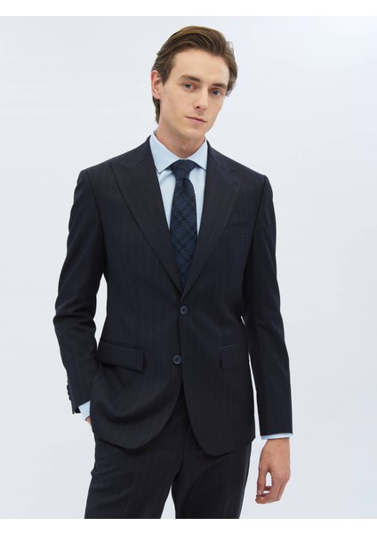 Lacivert Çizgili Modern Fit Yün Karışımlı Takım Elbise