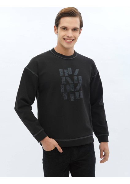 Siyah Bisiklet Yaka Baskılı Çift Taraflı Sweatshırt
