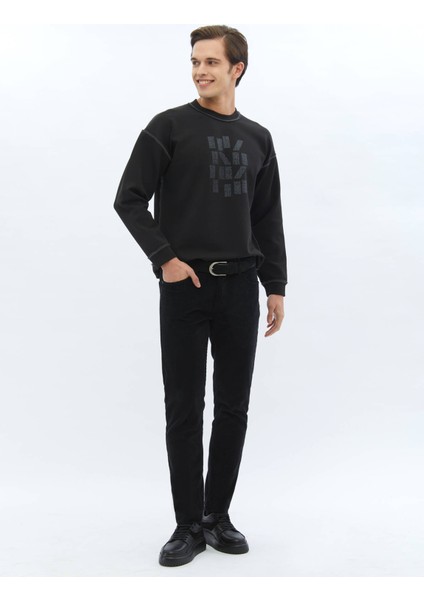 Siyah Bisiklet Yaka Baskılı Çift Taraflı Sweatshırt modelleri